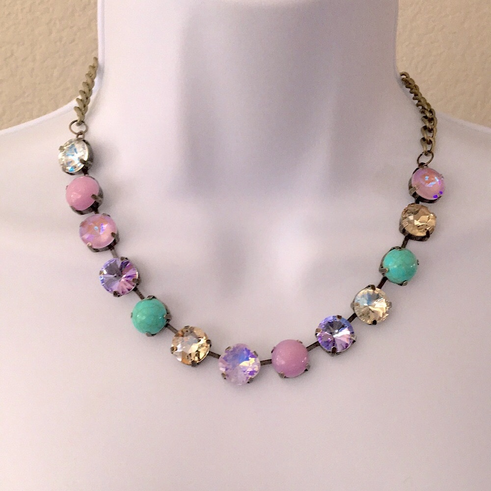 Turquoise, Lilac Purple Opal AB + Champagne Topaz Antique Brass Crystal Necklace - Picture 11 of 14